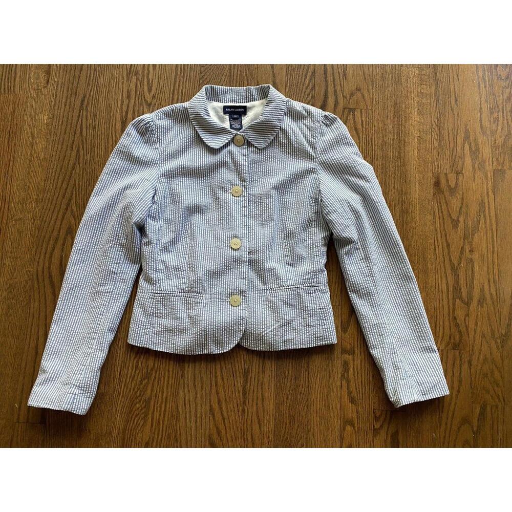Ralph Lauren Girls Seersucker Lined Jacket Rounded Collar Bow Puffy Sleeve Sz 14